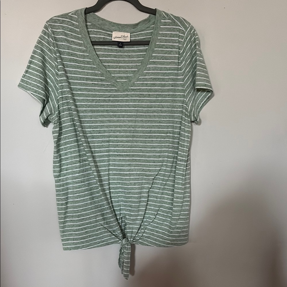 Green Striped V-Neck Tie-Front Top